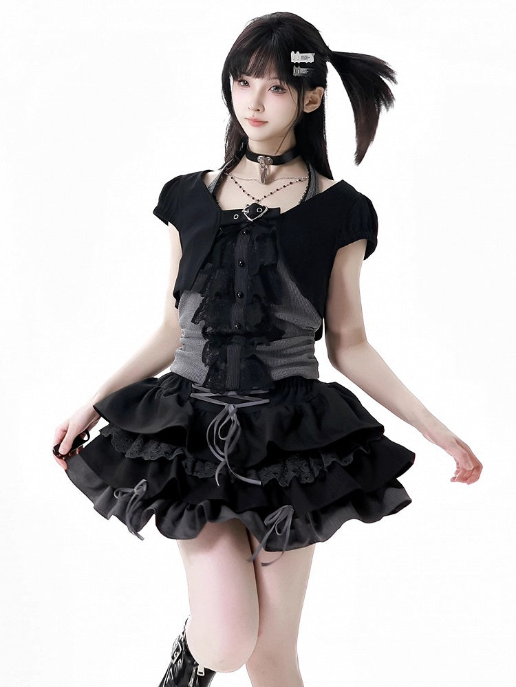 スカート クロップドトップ + ホルターネックトップ + ティアードスリーブ Y2K ブラック &amp; グレー 3ピースセット - ショート