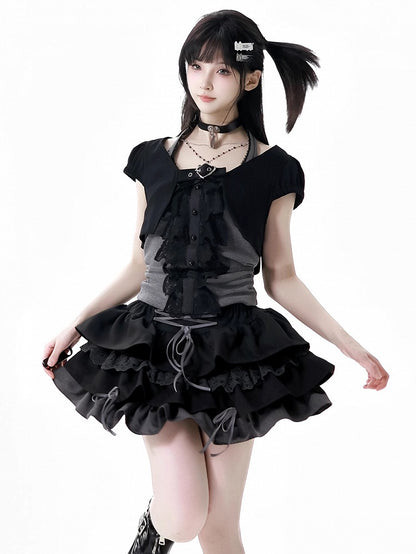 スカート クロップドトップ + ホルターネックトップ + ティアードスリーブ Y2K ブラック &amp; グレー 3ピースセット - ショート