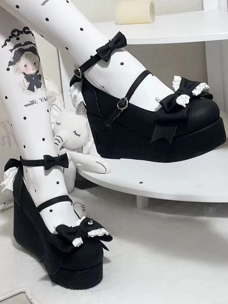 - Plateaus Schwarz Schleife-bestickter Absatz Sweet Lolita
