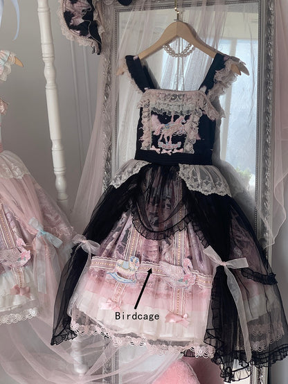 Black and Pink Curtain Tulle Overlay Flying Horse Print Skirt Lolita Jumper Skirt