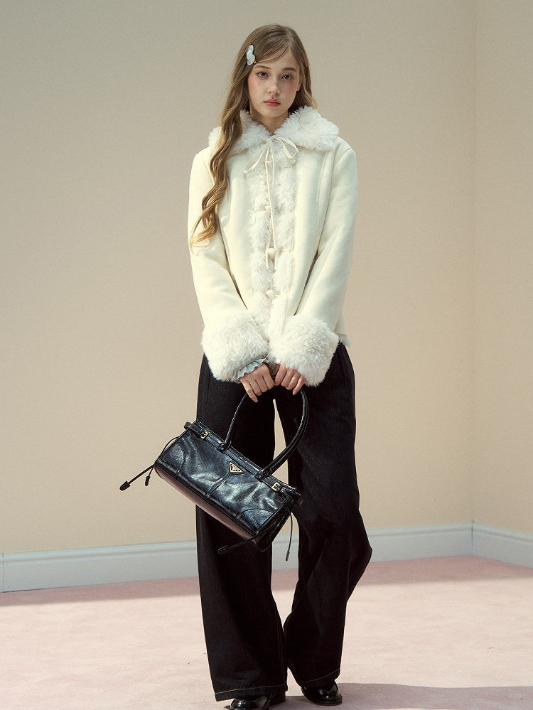 Fur Jacket Toggle with Beige Collar Vintage Button