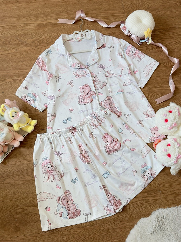 White Sweet Bear Print Short Sleeve Top and Shorts Sleep Set - Versatile girl