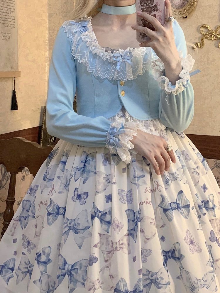 with Cropped Lace Autumn Baby Lolita Blue Cardigan Bow and Accents Trim