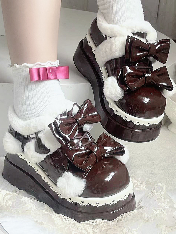 Lolita Coffee Cute Heart Bow Platform Shoes with Pompons