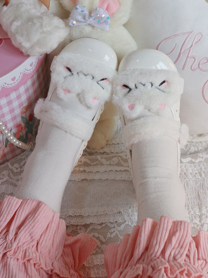 Snap Button Beige Lolita Sweet Kitty Plush with Flats