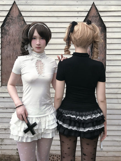 Gothic Black/White Mock Neck Coffin-Shaped Cutout T-Shirt