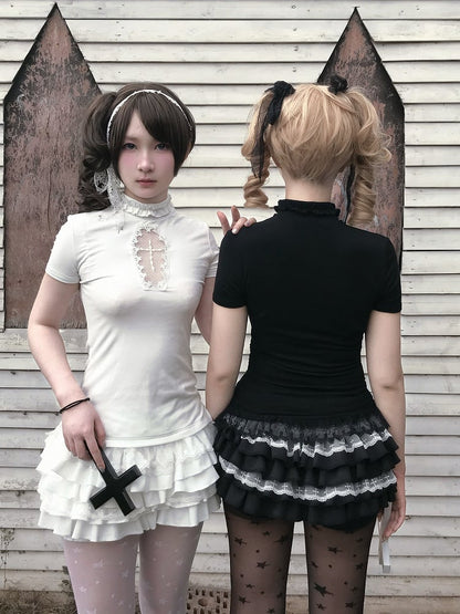 Tiered Cross Skort Gothic Black/White Elastic Waist Lace Trim Bloomers