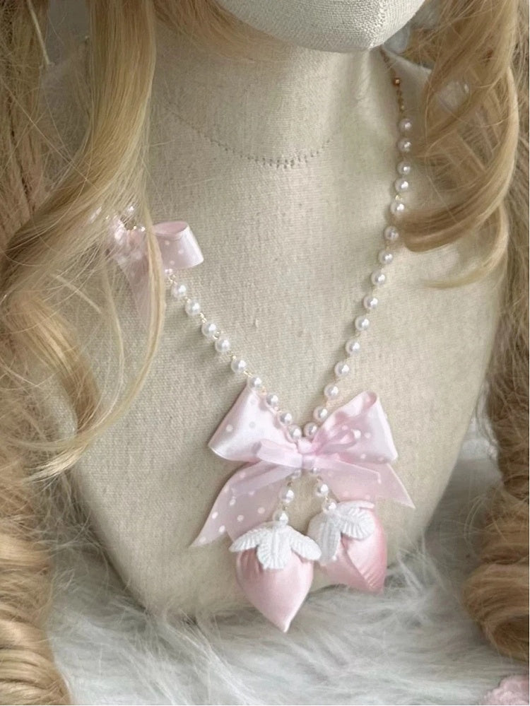 (2 Necklace Dot Polka Pearl Strawberry Colors) Bow