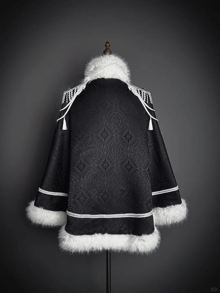 Double White Breasted with Tassel Faux Cape Black Fur-Trimmed Lolita Decoration and Military Buckle