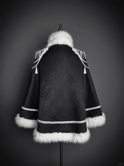 Double White Breasted with Tassel Faux Cape Black Fur-Trimmed Lolita Decoration and Military Buckle
