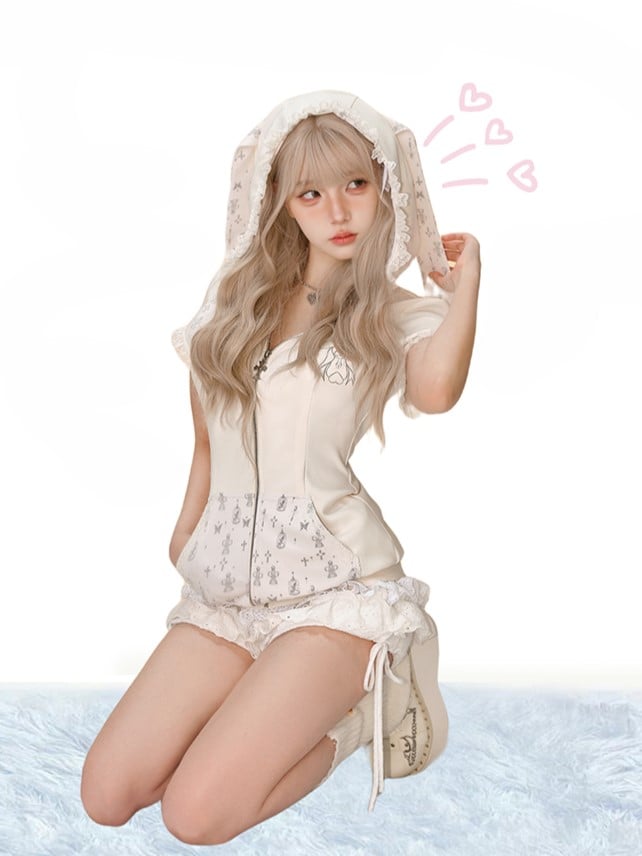 Lace Bunny-Ear Short Trim Cross Print Hoodie with Sleeve White and