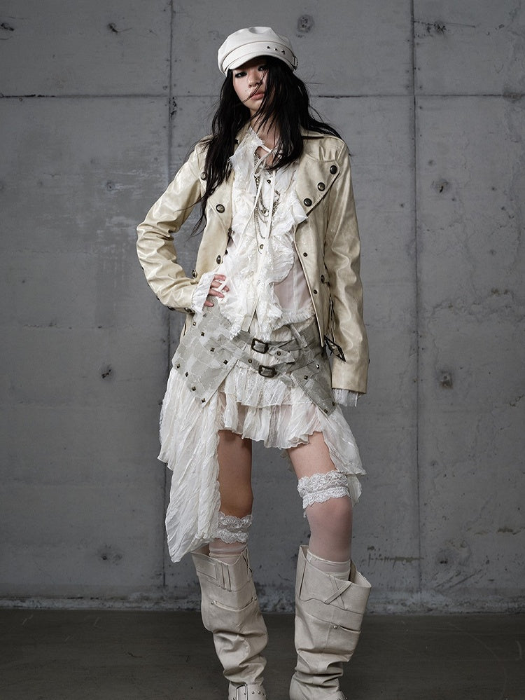 Asymmetrical Beige Punk Skirt with PU Studded Detail