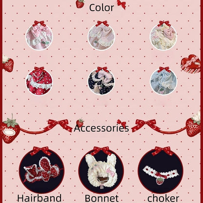 Dress Themed with JSK Dot + Red Polka Lolita and Bunny Hairband Strawberry Ear Vintage Details Lace Bow