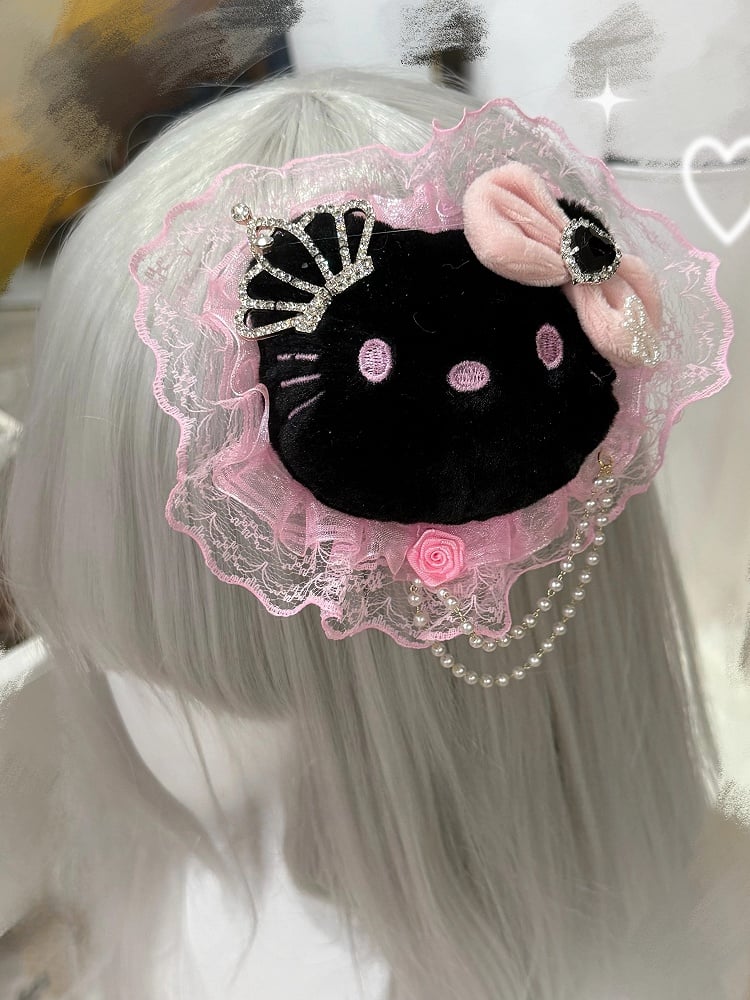 Lace Kitty Black Pink Hairclip Gyaru with