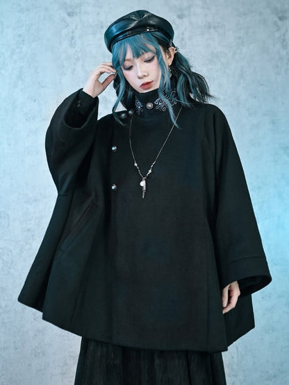 Cape Placket Banded Black Gothic Coat Button - Embroidery Collar Goldfish Single-breasted