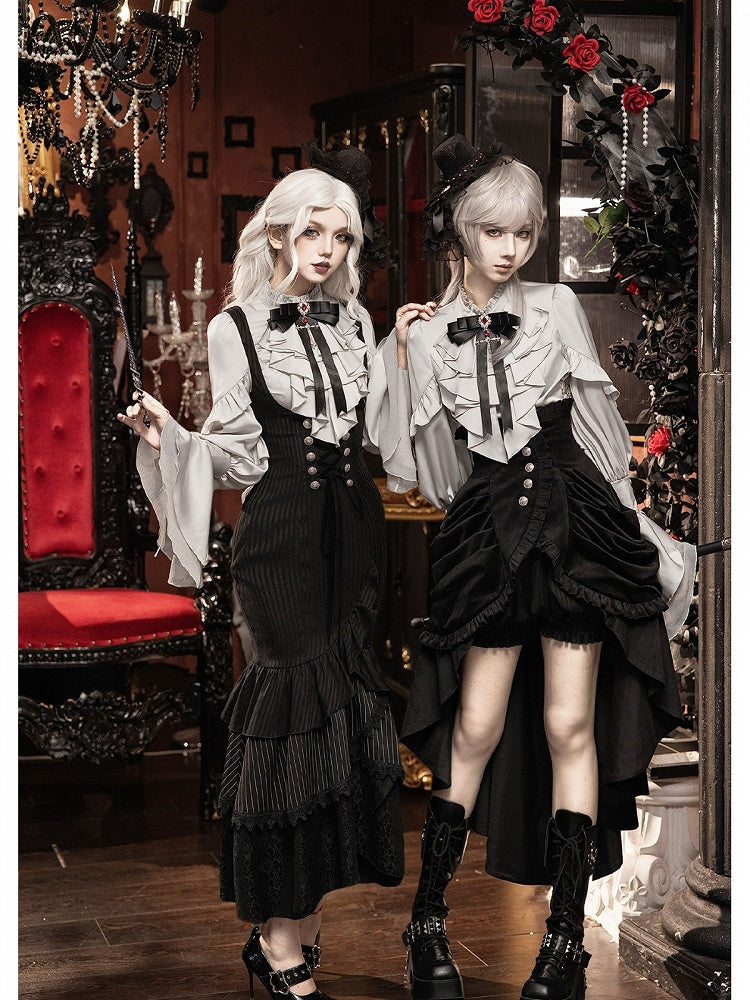 Gothic Ouji 5-Piece Ensemble: Poet Sleeve Shirt, Bloomers, Corset, Mini Hat & Bow Tie - With PUJI