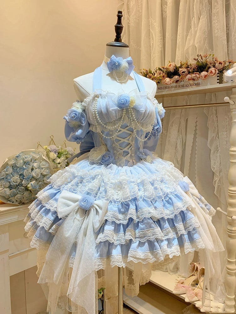 Hanayome Dress Fairy Jumper Tiered Skirt Hem Princess Blue Lolita Flower