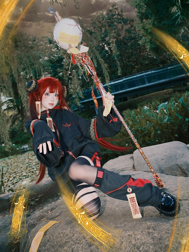 Red & Black Leg Warmers with Embroidered Talisman and Copper Coin