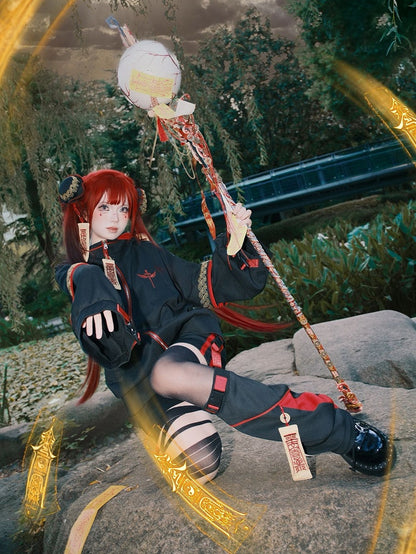 Red & Black Leg Warmers with Embroidered Talisman and Copper Coin