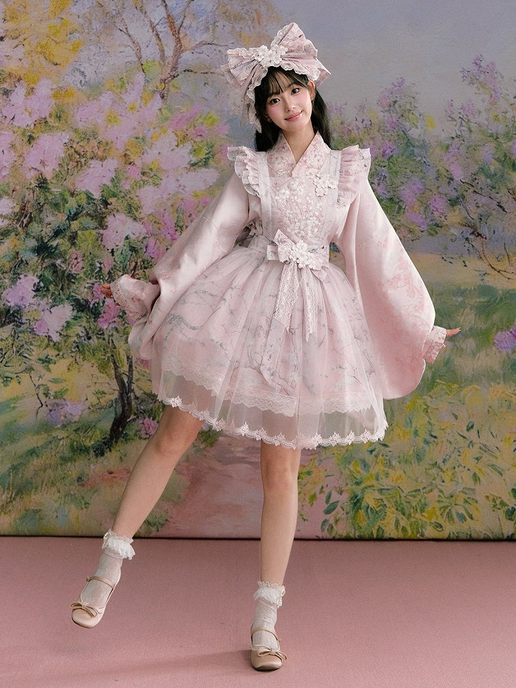 Pink Hanfu-Inspired Satin Long Sleeve Top with Floral Print - Yimu Walnut