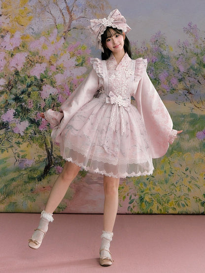 Pink Hanfu-Inspired Satin Long Sleeve Top with Floral Print - Yimu Walnut