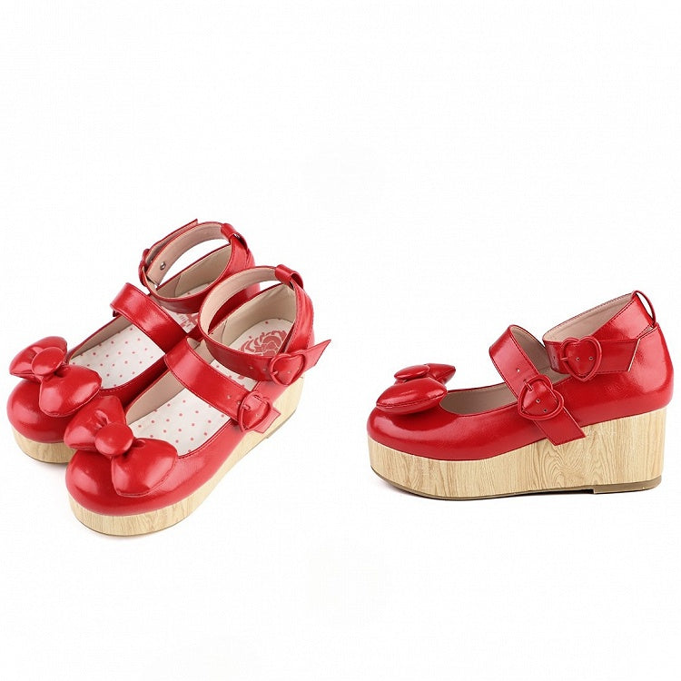 Heart - Top Bow Buckles at Red Platform PU Shoes
