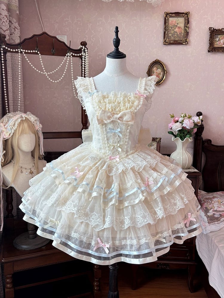 Tüll-Lolita-Korsettrock, Prinzessinnen-Lagenrock, Aprikose, große Taille, mit Schleife hinten, JSK