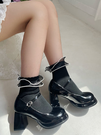 Black Double-Layered Organza Trim Lolita Ankle Socks