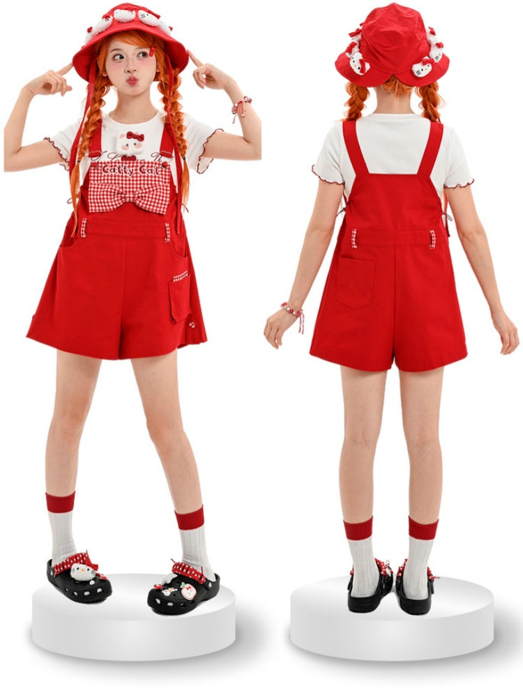 Red Plaid Bowknot Plush Kitty Overall Shorts