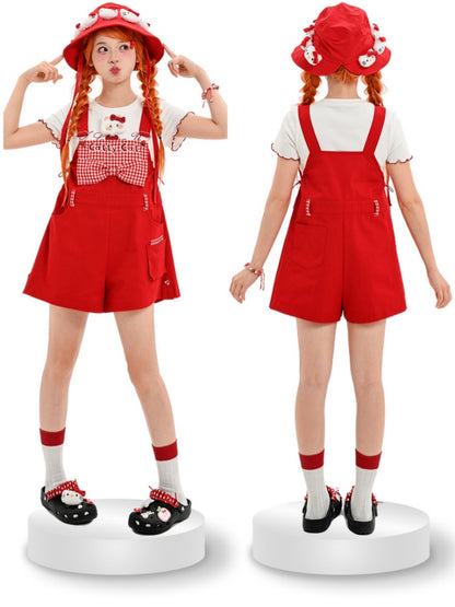 Red Plaid Bowknot Plush Kitty Overall Shorts
