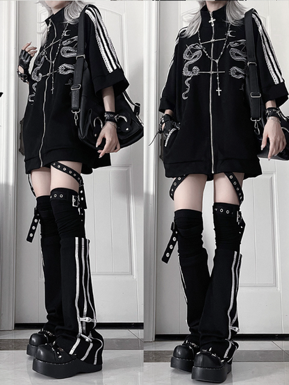 Black StrapsSide Buckle Style Stripes+Knot Cheongsam Leg Warmerswith Gothic Details White
