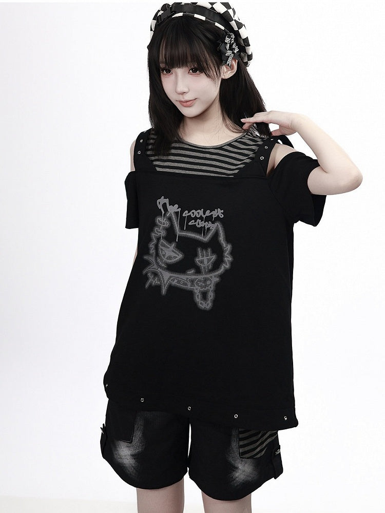 Black Striped Cutout Shoulder Short Sleeve Tee with Cat Graffiti - PINK SAVIOR