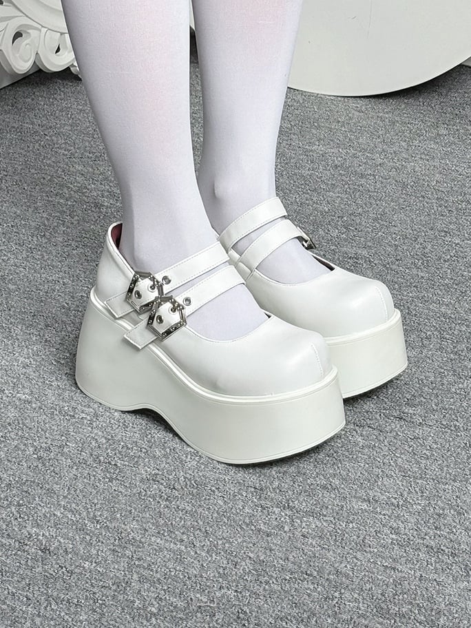 White PU Matte Design Punk Dual in Style Shoes Coffin Buckles Platform