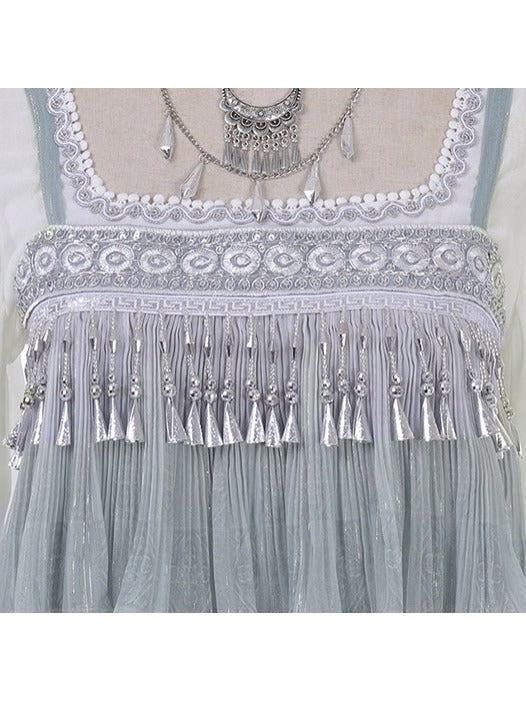 Square Neck Long Sleeve Han-Element Top in Light Blue with Tassel Dress Combo - Han Ru Chu Hanfu & Han-Element Studi