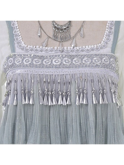 Square Neck Long Sleeve Han-Element Top in Light Blue with Tassel Dress Combo - Han Ru Chu Hanfu & Han-Element Studi