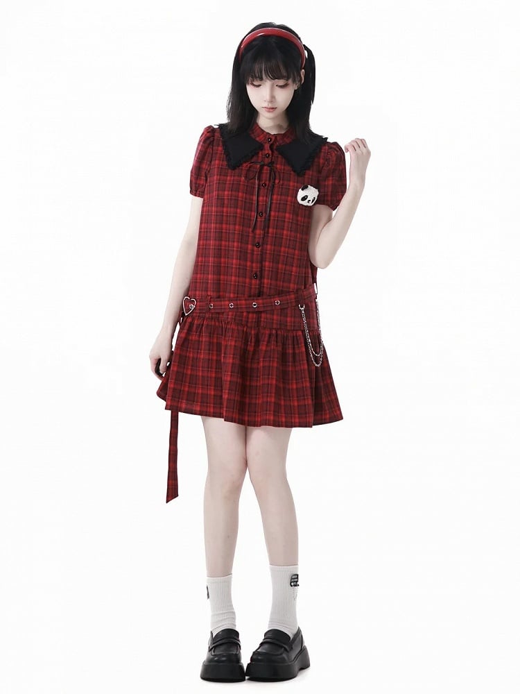 Buckle Plushie and Belt with Panda Red  Black Puff Sleeves Plaid Dress