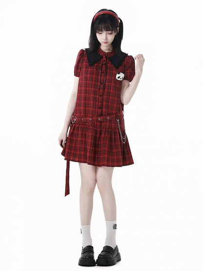 Buckle Plushie and Belt with Panda Red  Black Puff Sleeves Plaid Dress