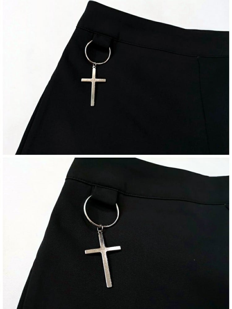 Punk with Buckle Gothic Leg Cross Rings Black Shorts Detachable Charms