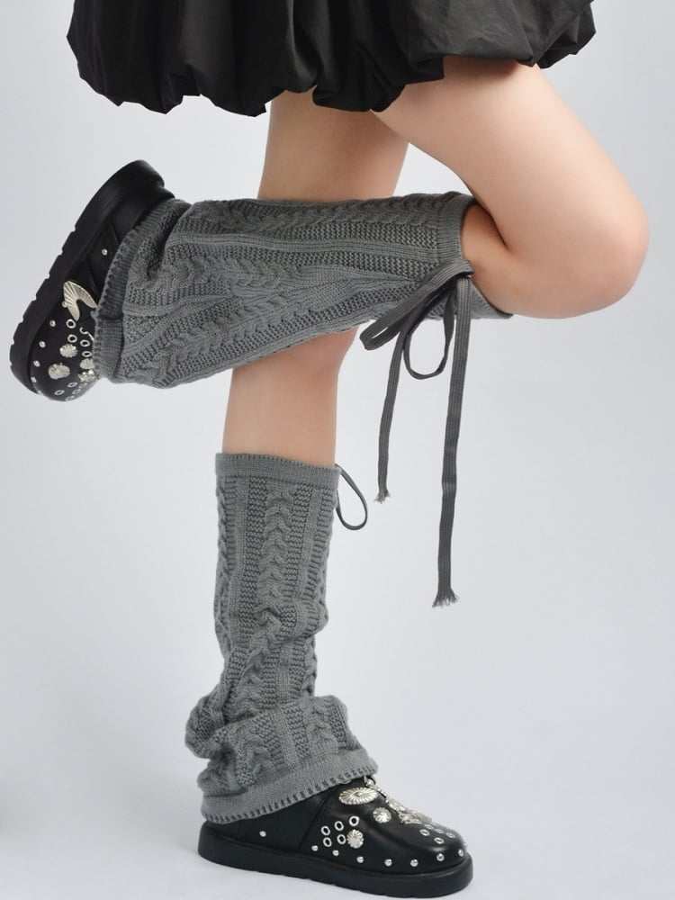 Gray/Brown/Black Cable Flared Warmers Knit Strappy Leg