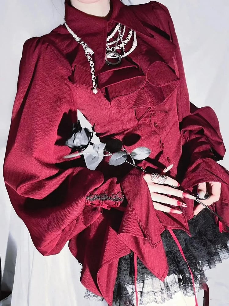 Red Gothic Ouji Lolita Irregular Flounce Hemline Pointed Collar Long-Sleeve Shirt