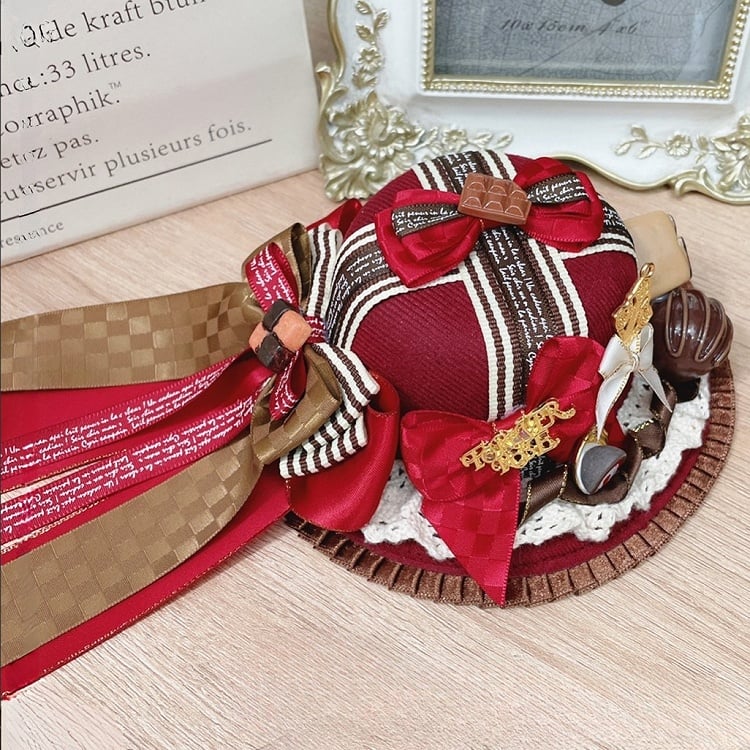 Details Ruffles Bowknot Trim Chocolate Red/Brown/Beige Mini Hat