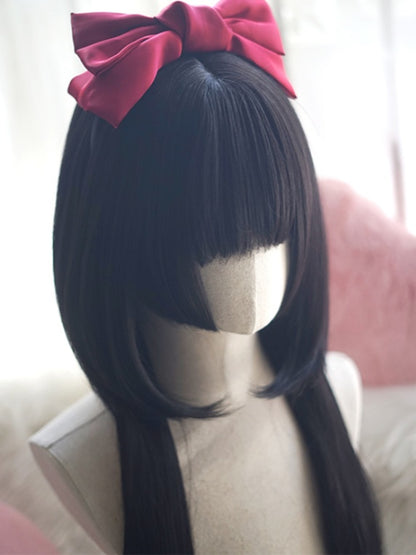 Schwarze/braune/hellblonde/weiß-blaue, hüftlange, glatte Perücke mit vollem Pony