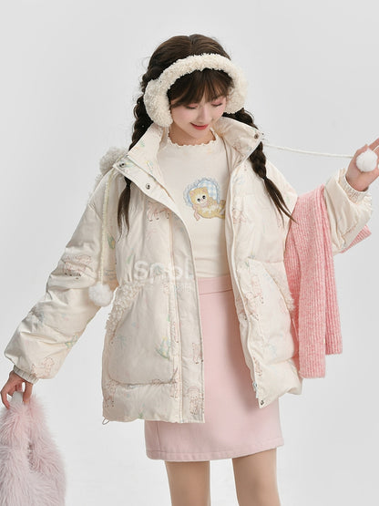 Süße weiße Daunenjacke mit Kapuze und Lamm-Print, kurze/lange Version