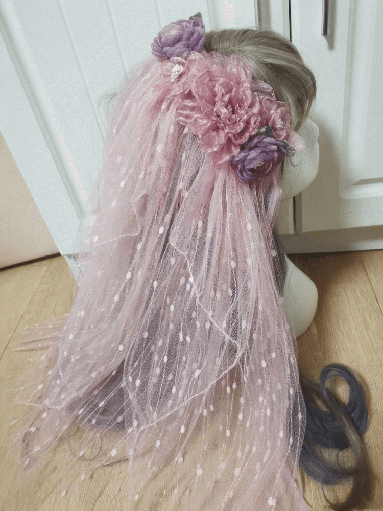 Dreamy Floral Pink-Purple Tulle Lolita Veil Polka Dot
