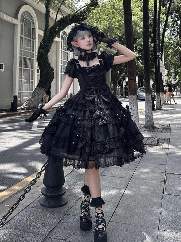 Alle Details mit Schleife Lolita Rückenkleid Perlen groß und Akzente Prinzessin Schwarz