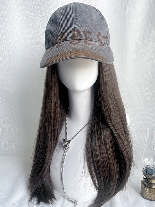 Braune lange glatte Kunsthaarperücke mit Kappe, All-in-One-Set