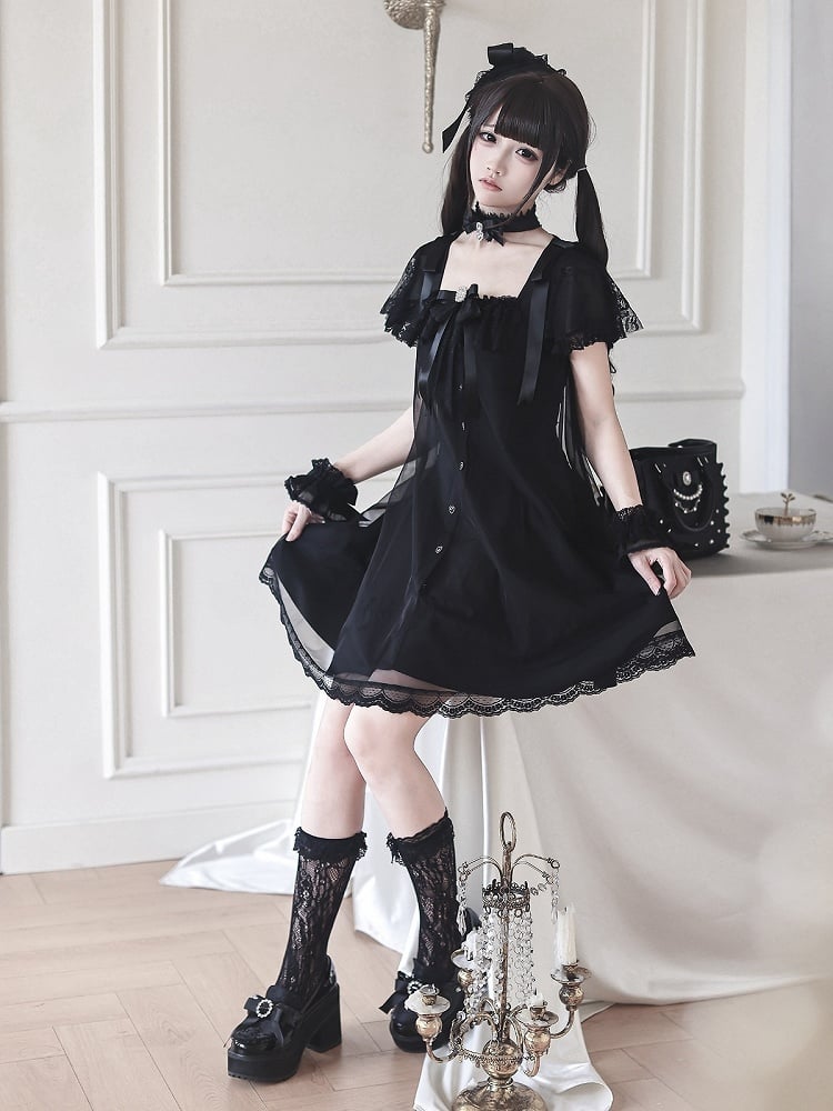Gothic Square Neck Dress with Bow Accents - Ekomi
