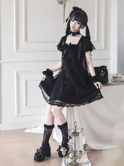 Gothic Square Neck Dress with Bow Accents - Ekomi