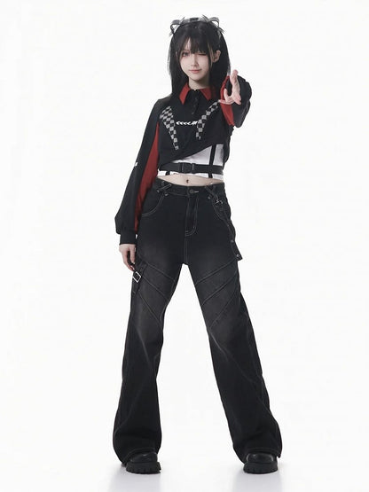 Futuristic Red Cropped Black Checked Color-Block Camisole Sweatshirt Techwear with