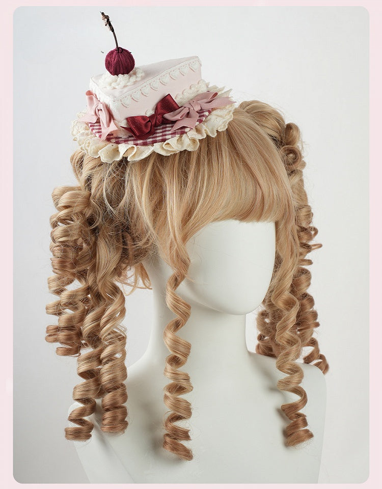 Sweet Lolita Pink Bow Ruffled Trim Red Cherry Triangular Cake Mini Hat